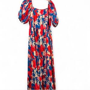 Puff Sleeve Pink, Blue, Red & Cream Floral Maxi Dress Large